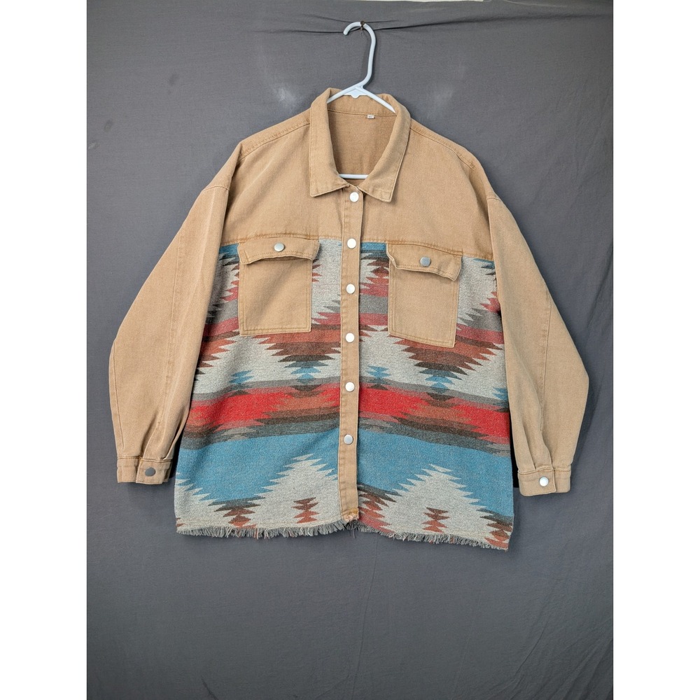 Aztec Southwestern Pattern Denim Shacket‎ Tan Blue Red XL 5848